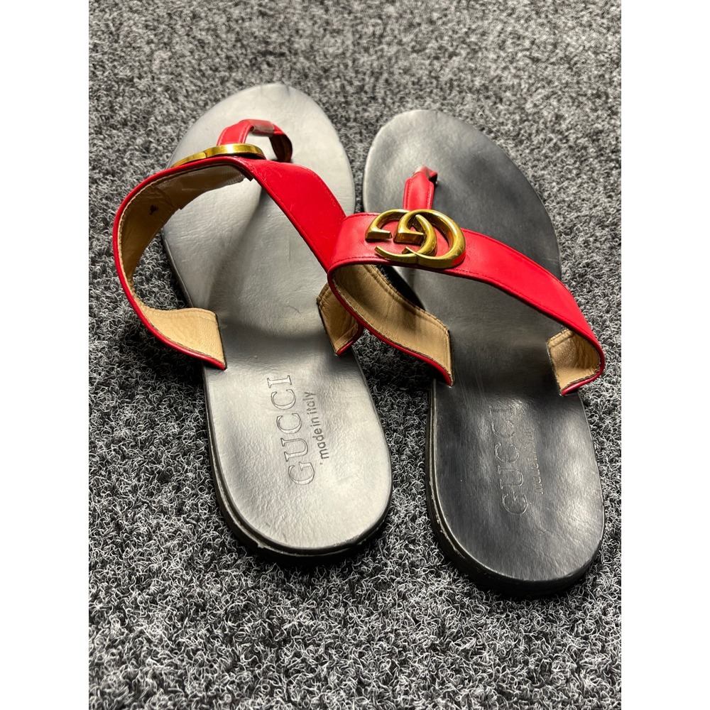 Gucci Marmont Red Leather Double G Logo Thong Sandals Flats Size 39 Italy - Picture 4 of 5
